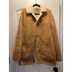 Overland Men’s Soft Suede Sherpa Blazer Shearling Sheepskin Coat Size L Beige